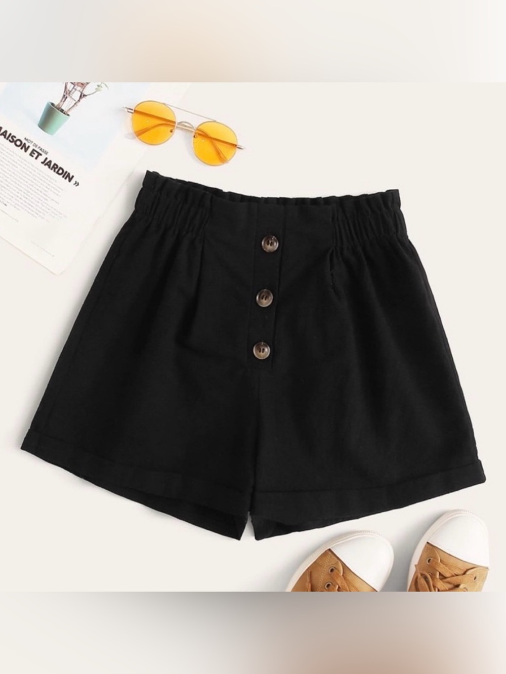 SHEIN 3X Black High-Waist Decorative Button-Front Women’s Shorts
